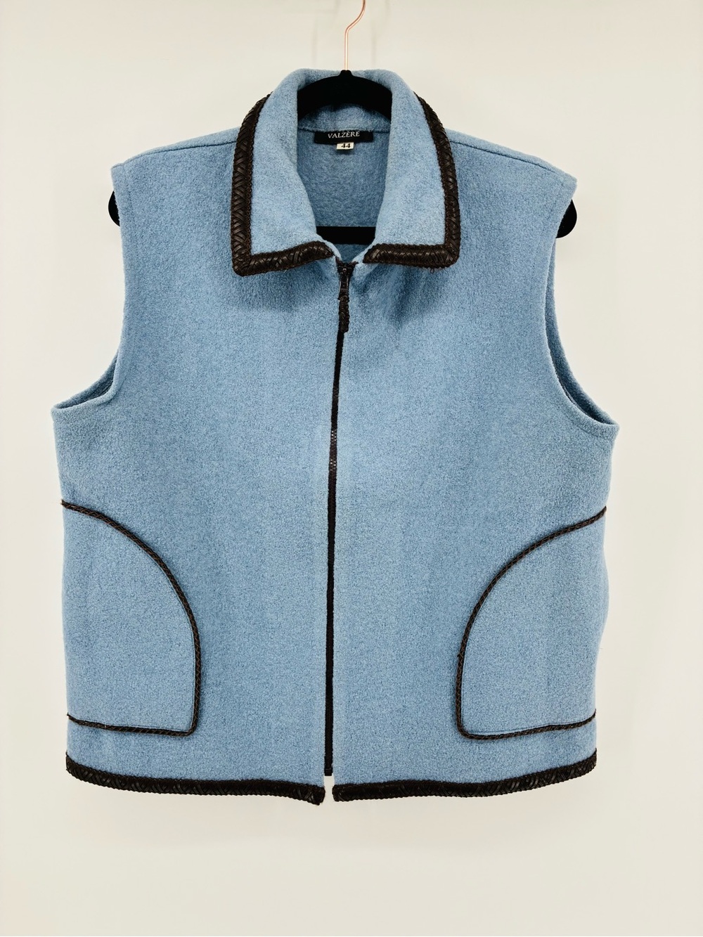 Vintage Valzere Light Blue Fleece Zip Front Vest 100% Wool